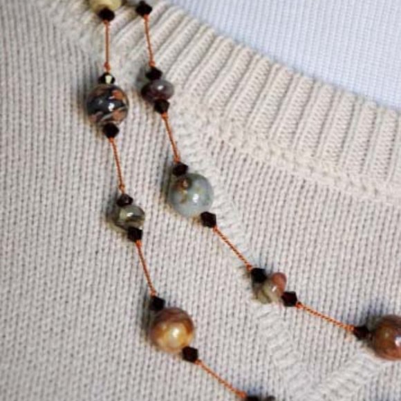 Hand Knotted Handmade Birdseye Rhyolite Swarovski Crystal Necklace Boho Style - Picture 2 of 5